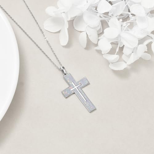 YFN Cross Necklace Sterling Silver Religious Cross Pendant Jewelry Christian Gifts for Women Men - style: A. White Opal