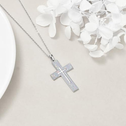 YFN Cross Necklace Sterling Silver Religious Cross Pendant Jewelry Christian Gifts for Women Men - style: A. White Opal