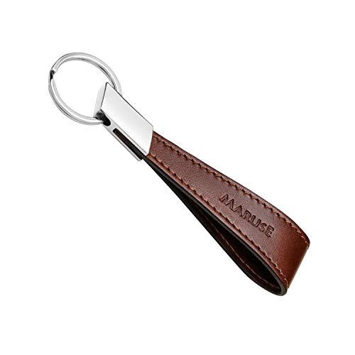 Maruse Italian Leather Keychain for Men and Women, with Flat Profile Polished Metal Key Ring, Handmade in Italy - color: Brown