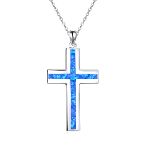 YFN Cross Necklace Sterling Silver Religious Cross Pendant Jewelry Christian Gifts for Women Men - style: B. Blue Opal