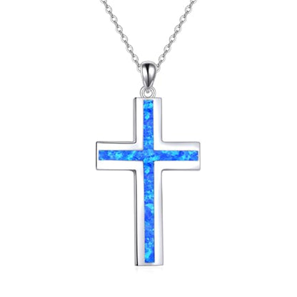 YFN Cross Necklace Sterling Silver Religious Cross Pendant Jewelry Christian Gifts for Women Men - style: B. Blue Opal