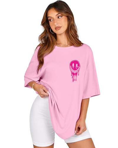 Womens Oversized Tshirt Graphic Tees Crew Neck Summer Short Sleeve Tops - color: A-letter Print Pink, size: Small