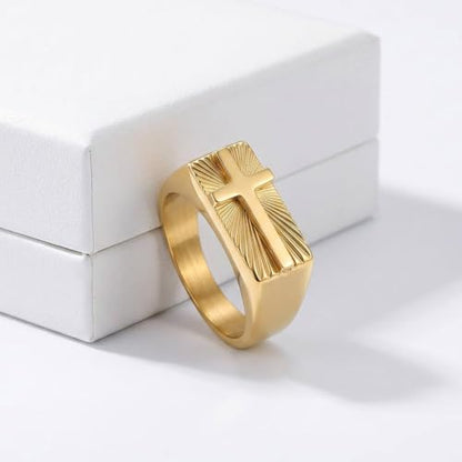 Cross Jesus Religious Christian Signet Band Ring fo Men Women - color: Gold, size: 10