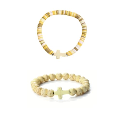 Colorful Handmade Cross Beaded Bracelet for Women Qute Religious Stone Clay Beaded Bracelet for Christian Inspirational Easter Chrismas Thanksgiving Gifts Jewelry - color: Khaki