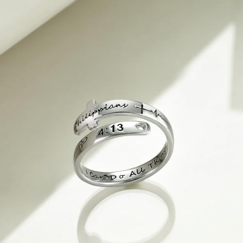 POPLYKE Cross Rings Sterling Silver Faith Adjustable Wrap Rings for Women Inspirational Jewelry Gifts - color: white