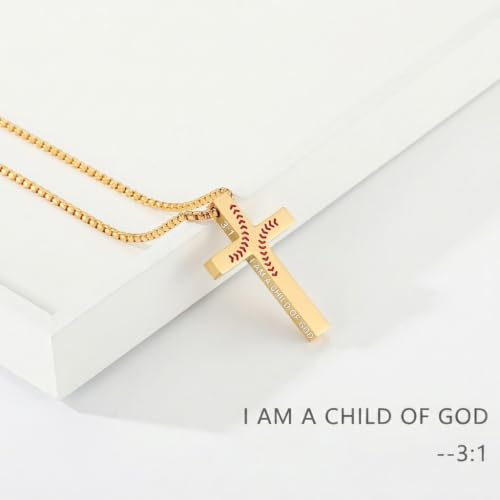 Baseball Bible Verse Cross Necklace for Boys Men, Stainless Steel Cross Pendant Baseball Game Day Christian Religious Jewelry Gifts for Teen Boys Kids - color: Gold, style: I AM A CHILD OF GOD