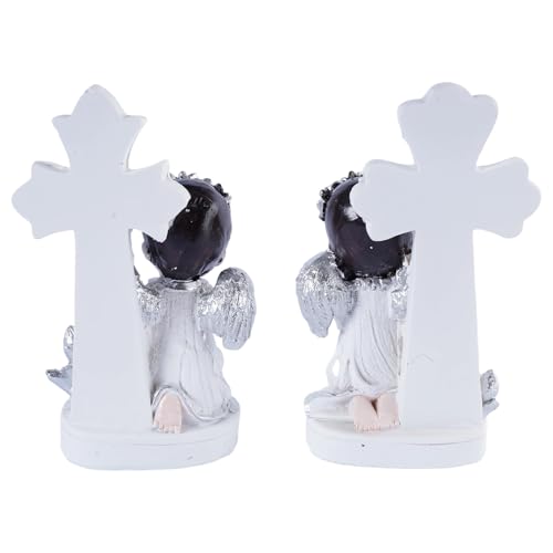 Angel Figurines Set of 2 Praying Cherub Angel Statues with Cross Backdrop White and Silver Resin Tabletop Shelf Decor for Baptism Memorial Wedding Christian Home