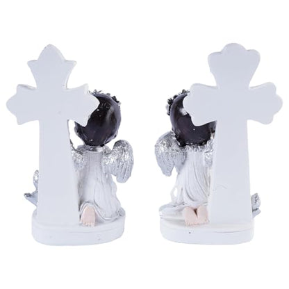 Angel Figurines Set of 2 Praying Cherub Angel Statues with Cross Backdrop White and Silver Resin Tabletop Shelf Decor for Baptism Memorial Wedding Christian Home