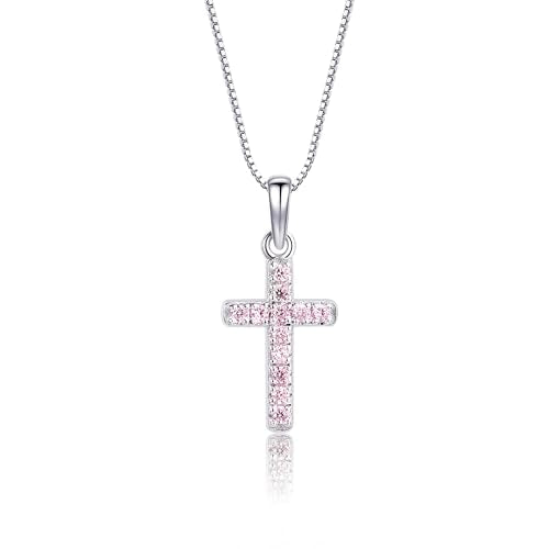Precious Pieces CZ Cross Necklace, .925 Sterling Silver or 14K Gold-Plated - color: Pink-14