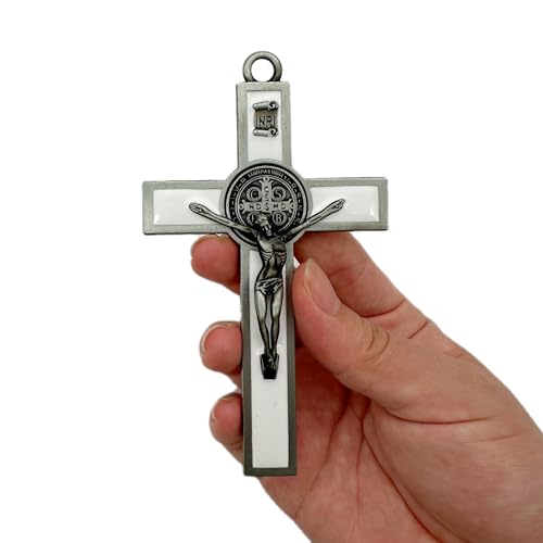 BONITTER Antique Silver Crucifix Wall Cross-St. Benedict Metal Wall Art-5.0 InchX2.7 Inch Black White Brown Enamel Give Blessing and The Spiritual Sacred:Faith Gift for your Acquaintances (White) - color: White