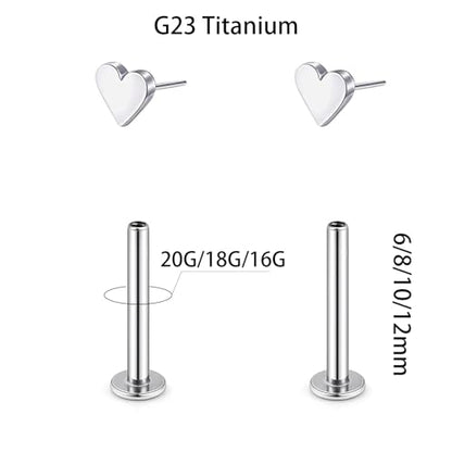 1 Pairs G23 Titanium 20G/18G/16G Press Fit Threadless Push Pop Top 4mm Flat Back Piercing Lip Stud Earring Labret Monroe Lip Ring Tragus Cartilage Bar Lehgth 6mm-12mm - color: 1 Pair Heart