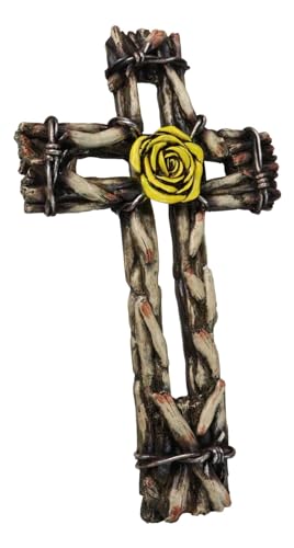 Ebros Gift Rustic Western Yellow Rose with Distressed Faux Wood and Barbed Wires Decorative Wall Cross Plaque Figurine Inspirational Home Accent