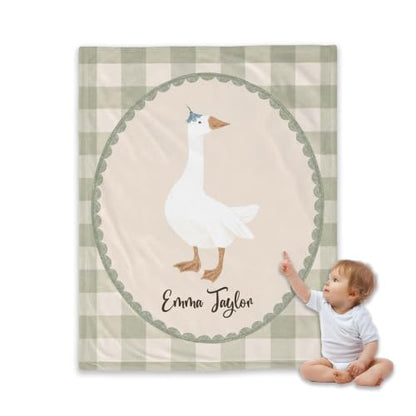 Personalized Goose Baby Blanket, Sage Gingham Nursery Throw Gift - color: #Ver9