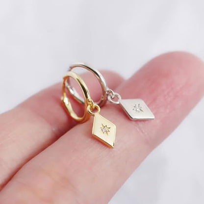 925 Sterling Silver Dangle Earrings Heart Star Cross Drop Earrings Dainty Gold Trendy Cute Earrings for Women - color: Rhombus, gold