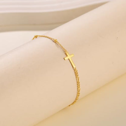 925 Sterling Silver Sideway Cross Charm Link Bracelet for Women - color: Gold