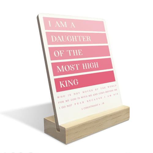 Pink Room Decor Rustic Bible Verse Daughter of The King Plaque With Wood Stand - Pink 2 Corinthians 6:18 Christian Decorative Wood Sign for Home Office Living Room Shelf Decor - color: King