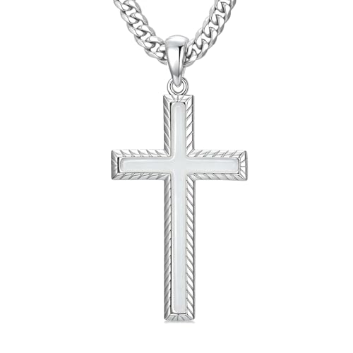 MRENITE Silver Natural Stone Cross Necklace, Classic Latin Cross Pendant Necklace for Unisex Women Man, Vintage Crystal Quartz Cross Necklace with 20+2 Inches Adjustable Cuban Chain - style: White Jade