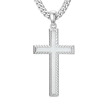 MRENITE Silver Natural Stone Cross Necklace, Classic Latin Cross Pendant Necklace for Unisex Women Man, Vintage Crystal Quartz Cross Necklace with 20+2 Inches Adjustable Cuban Chain - style: White Jade