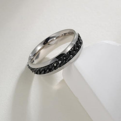 Mens Fidget Rings Anxiety Ring for Men 6mm 8mm Chain Spinner Ring Size 5-14 - color: Titanium Silver Black
