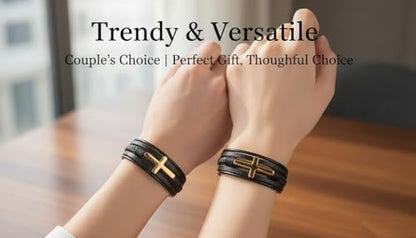 Stainless Steel Braided Leather Bracelet for Men Cuff Bangle Cross - color: 1-gold