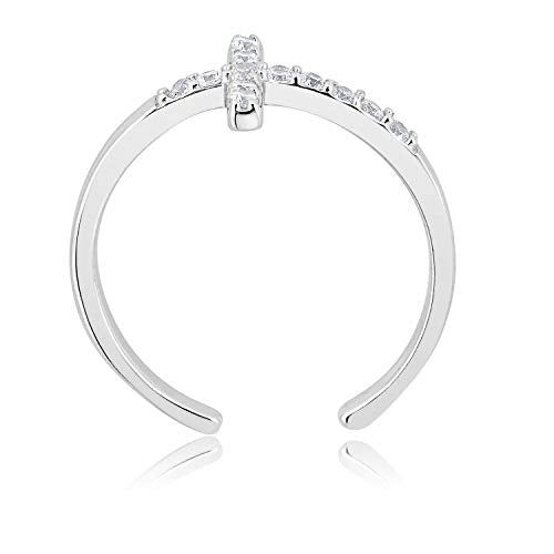 AVORA 925 Sterling Silver Adjustable Sideways Cross Toe Ring with Simulated Diamond CZ