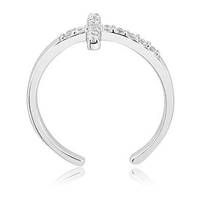 AVORA 925 Sterling Silver Adjustable Sideways Cross Toe Ring with Simulated Diamond CZ