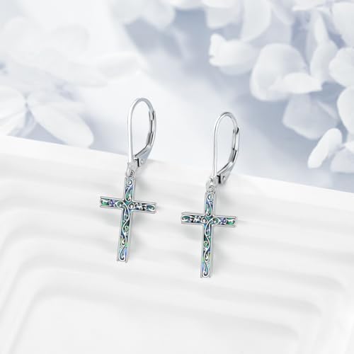 LUHE Sterling Silver Corss/Daisy/Musica Note Dangle Earrings for Women - style: Abalone Filigree Cross