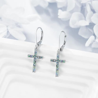 LUHE Sterling Silver Corss/Daisy/Musica Note Dangle Earrings for Women - style: Abalone Filigree Cross