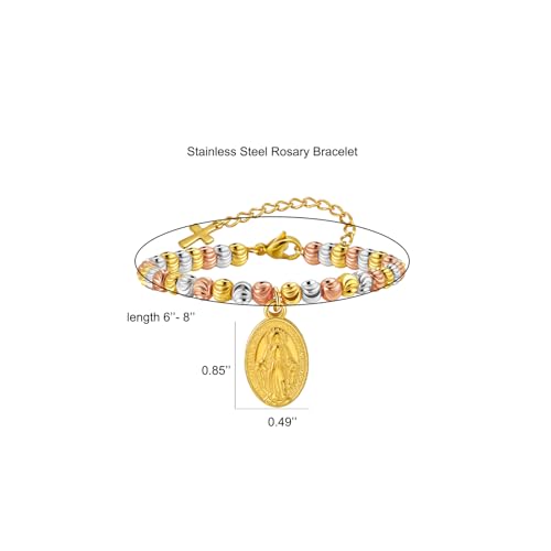 Rnivida 14K Gold Plated Stainless Steel Catholic Rosary Bracelet for Women,Religious Gift for Confirmation Baptism First Communion Easter - color: Three Tone