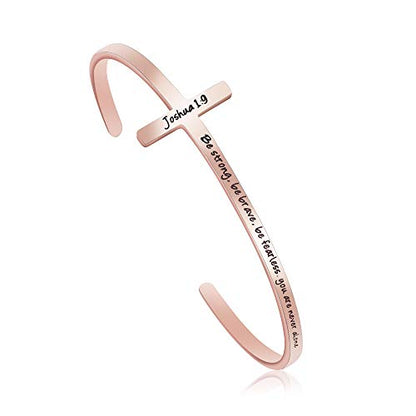 Memgift 𝐂𝐫𝐨𝐬𝐬 𝐁𝐫𝐚𝐜𝐞𝐥𝐞𝐭 Religious Cuff Bangle 𝐁𝐢𝐛𝐥𝐞 𝐕𝐞𝐫𝐬𝐞 Christian Gifts Jewelry for 𝐖𝐨𝐦𝐞𝐧 - style: Rose gold-Be strong ,Be brave ,Be fearless.you are never alone -Joshua 1:9