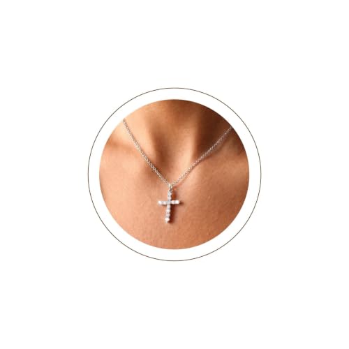 U7 Cross Necklace for Women,CZ Cross Pendant Necklace 18"+2" - color: Silver