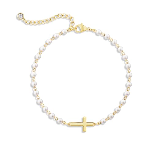 Moodear Cross Bracelet for Women, Dainty Sterling Silver/Gold Plated Gift - color: Pearl Gold Cross Bracelet