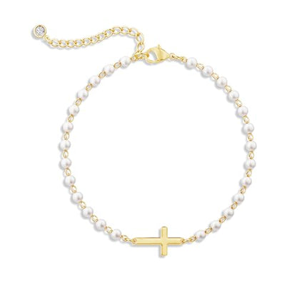 Moodear Cross Bracelet for Women, Dainty Sterling Silver/Gold Plated Gift - color: Pearl Gold Cross Bracelet