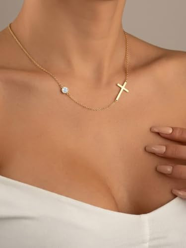 OJK 14K Gold Cross Necklace for Women Sideways Cross Birthstone Jewelry - color: 04-Synthetic Diamond