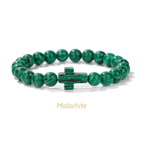 8mm Gemstone Cross Bracelet for Women Men – Stretch Beaded Faith Bracelet with Sideways Cross (Multiple Colors) - style: Malachite
