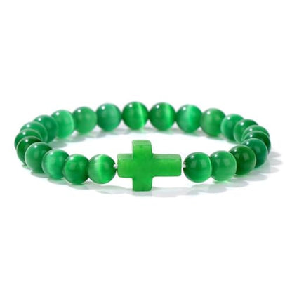 8mm Gemstone Cross Bracelet for Women Men – Stretch Beaded Faith Bracelet with Sideways Cross (Multiple Colors) - style: Green Cat's Eye Glass