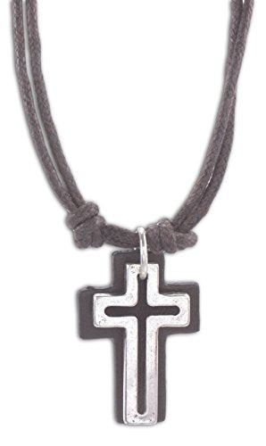 Open Cross with Leather Back on Double 16" Cord Vintage Look Necklace (Brown)