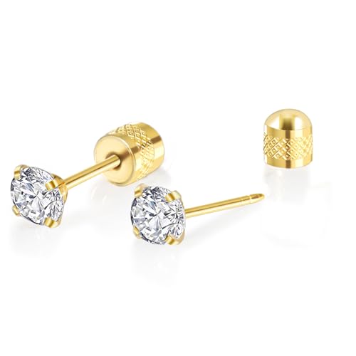 Titanium Earrings Push-in Threadless Flat Back Stud Earrings for Women Men, Cartilage Earring Hypoallergenic Cubic Zirconia Earrings Studs for Helix Tragus Piercing Jewelry - color: Gold-6mm