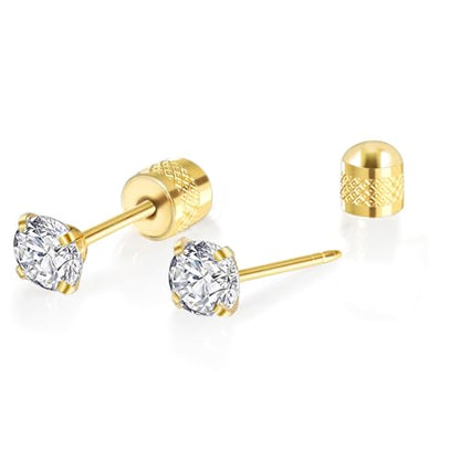 Titanium Earrings Push-in Threadless Flat Back Stud Earrings for Women Men, Cartilage Earring Hypoallergenic Cubic Zirconia Earrings Studs for Helix Tragus Piercing Jewelry - color: Gold-6mm