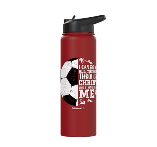 Christian Soccer Faith Graphic Bible Verse Philippians 4:13 Stainless Steel Insulated Water Bottle - color: Red
