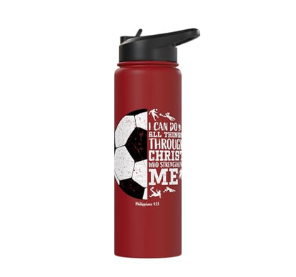 Christian Soccer Faith Graphic Bible Verse Philippians 4:13 Stainless Steel Insulated Water Bottle - color: Red