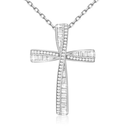 Cross Necklace for Women, 925 Sterling Silver 18K Gold Plated Cross Necklaces for Women, Cross Pendant with 5A Cubic Zirconia Diamond, Birthday Christmas Jewelry Gifts for Women Her Wife - color: White gold