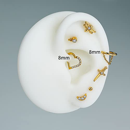 FINE4U 1PC ASTM F136 Titanium Sword Piercing Jewelry for Conch, Tragus, Helix 16G 8mm, Implant Grade Hypoallergenic Flatback Stud - color: CZ Sword - Tit