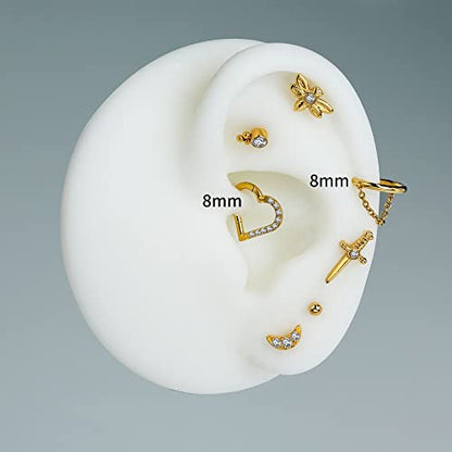 FINE4U 1PC ASTM F136 Titanium Sword Piercing Jewelry for Conch, Tragus, Helix 16G 8mm, Implant Grade Hypoallergenic Flatback Stud - color: CZ Sword - Tit