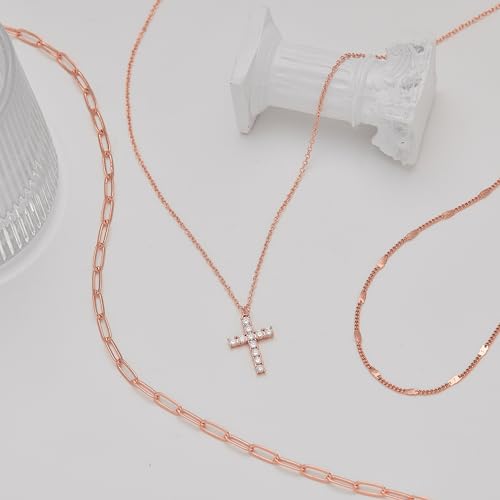 Poxtex Layered Gold Necklaces for Women, Stackable Dainty 14K Gold Silver Plated Trendy Simple Heart Diamond Cross Bow Circle Pendant Paperclip Choker Dot Chain Necklace,Jewelry Set Gifts for Women - color: Rose Gold, style: Cross2