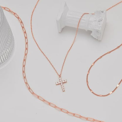 Poxtex Layered Gold Necklaces for Women, Stackable Dainty 14K Gold Silver Plated Trendy Simple Heart Diamond Cross Bow Circle Pendant Paperclip Choker Dot Chain Necklace,Jewelry Set Gifts for Women - color: Rose Gold, style: Cross2