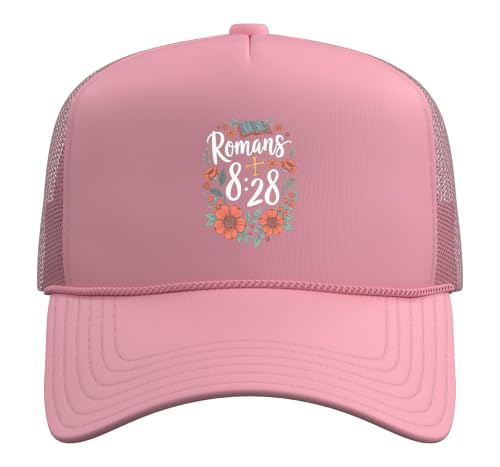 Romans 8:28 Bible Verse Flowers Cross Christian Women Trucker Hat with Adjustable Mesh Back - color: Pink