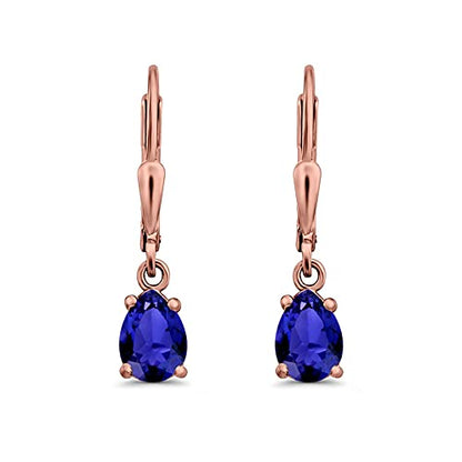 Teardrop Bridal Dangling Leverback Earrings Pear Cubic Zirconia 925 Sterling Silver - color: Rose Tone, Simulated Blue Sapphire CZ