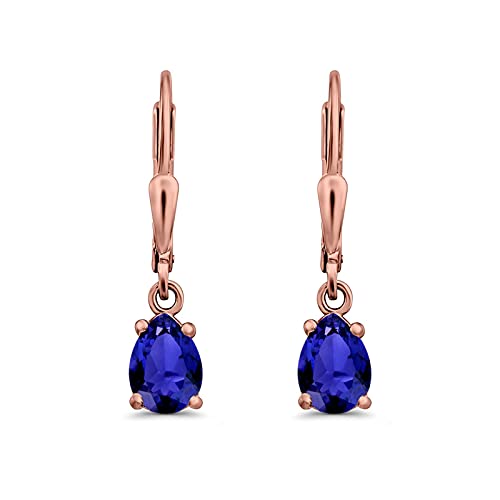 Teardrop Bridal Dangling Leverback Earrings Pear Cubic Zirconia 925 Sterling Silver - color: Rose Tone, Simulated Blue Sapphire CZ
