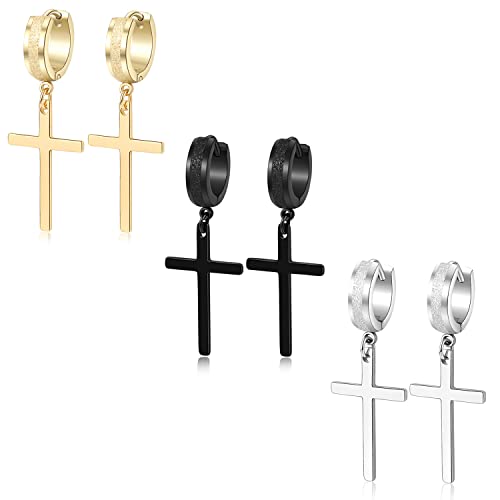 Men Women Stainless Steel Cross Earrings Set Dangle Hinged Earrings of Dangle Hinged Earrings Cross hoop Earrings - color: 3 Pairs Cross Earrings (Black+Silver+Gold) Scrub Large